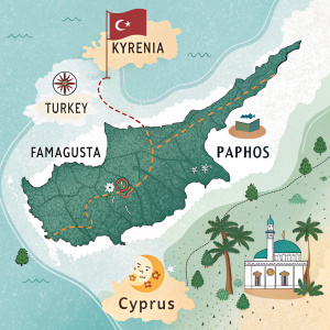 Interactive map highlighting Cyprus, an island nation in the Mediterranean. Key locations include Kyrenia, Famagusta, and Paphos. Turkey borders the northern part.