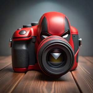 DSLR camera that looks like an marvel Deadpool on the table