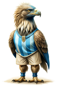 EL AGUILA CALVA DE PIE, HUMANOIDE, CON POLO CELESTE, PENSANDO, FONDO BLANCO