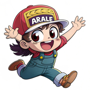Cartoon character with big anime eyes and a wide grin, wearing a baseball cap with the Arale logo. The character is jumping up in excitement, arms outstretched.