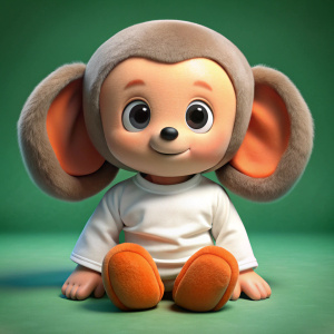 Cheburashka in a white T-shirt sitting