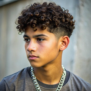  Mexican teen with curly low taper fade, diamond chain