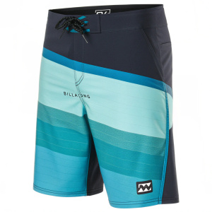 High-definition image of Billabong Tribong Airlite boardshorts. Multi-paneled design in various shades of blue. Black trim and drawstring waistband. Brand logo displayed prominently.