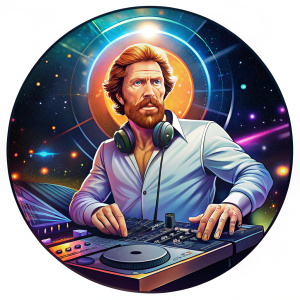 Round Icon (discotheme): Chuck norris spinning records as a DJ, feeling the beat