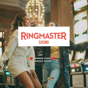 Exciting promotional ad for RingMaster Casino. Invitation to join on social media. Use redeem code for bonus offer.