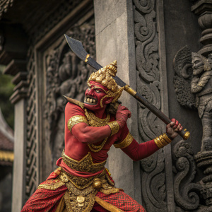 Close-up photo of a demonic Balinese figure from Hindu mythology. Posing aggressively with a large weapon. Rich red and gold details. Stone carving backdrop.