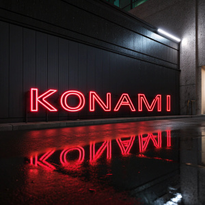 The Konami logo displayed prominently on a sleek, black backdrop. Neon lights casting vibrant reflections, making the red 'KONAMI' text stand out brilliantly.