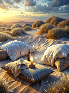 Low angle, silk pillow & blanket on the beach, romantic picnic for two, two glasses of white wine, cozy & inviting feeling, late sunset, ultra-high quality, detailed cinematic photography, 8k uhd, dslr, Sigma 200-500mm f/2.8 APO EX DG, (best quality:1.3), (masterpiece:1.1), high resolution, innocence, cinematic dreamy light, intricate details, (photorealistic)