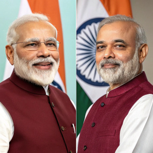 Comparison photo of Narendra Modi. One side shows him clean-shaven and smiling, the other with a beard and serious expression. Wears maroon vest over white shirt. Indian flag background, split image style.