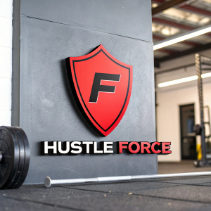 A sleek, new logo design. Vibrant red shield with bold black 'F'. 'Hustle Force' in modern font. Contemporary and assertive, perfect for branding.