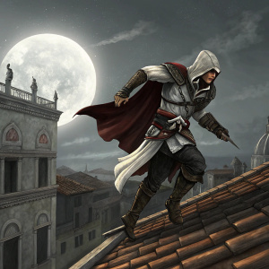 Ezio Auditore da Firenze, clad in assassin robes, sprinting across a Venetian rooftop. Determined expression, against a monochromatic, shadowy backdrop.