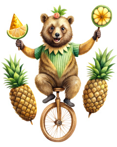 Create a humorous illustration of a bear riding a unicycle while juggling pineapples