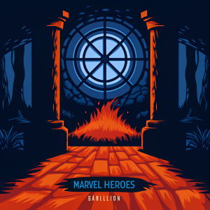 Digital artwork featuring a mystical Marvel Heroes realm. Lush, enchanted forest meets ancient ruins, dimly lit by dancing flames and magical runes casting warm, flickering light. Shadowy pillars and dark stone walls surround a large, circular portal glowing with a bluish hue. Marvel Heroes and Gazillion logos subtly integrated.