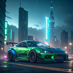 Illustration of a Mitsubishi Eclipse with Rocket Bunny kit. Vibrant green and blue paint job. Futuristic setting with neon lights