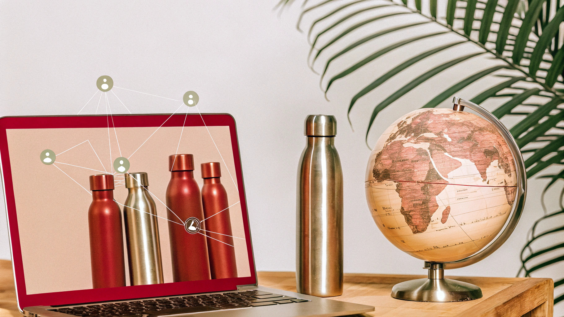 Computer screen showing sourcing platforms, supplier profiles with ratings, and a product gallery of stainless steel water bottles, with a globe symbolizing global networks.