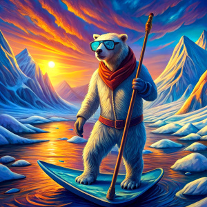 polar bear paddle boarding in the arctic ocean wearing shades with sunset in background