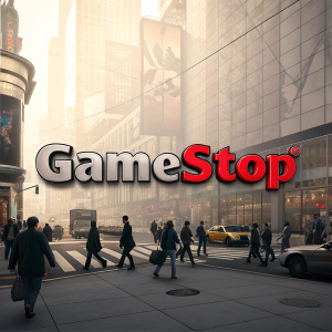 In a bustling urban setting, the GameStop logo stands out. It features the words 'GameStop' in an elegant font, prominently displayed on a plain wall. The text contrasts with bold red highlights that capture attention immediately.