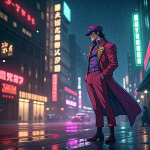 Jotaro Kujo from JoJo's Bizarre Adventure, standing tall in his iconic outfit, against a neon-lit cityscape background.