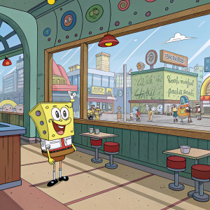 Cartoon illustration of Spongebob Squarepants at the Krusty Krab. Background features busy street of Bikini Bottom