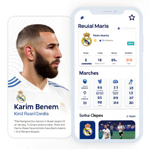 Karim Benzema's profile at a virtual Real Madrid event. Screen filled with stats, team logos, and action clips. Clean, modern design in white and blue