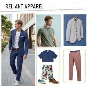 Reliant Apparel's latest catalog featuring diverse clothing options. From casual tees to tailored suits, each item showcases unique design elements. Price tags and detailed descriptions accompany vibrant product images.