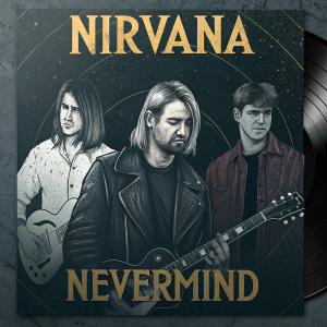 Alternative rock band Nirvana's album cover for 'Nevermind'. Dark, gritty background with scratched vinyl texture.