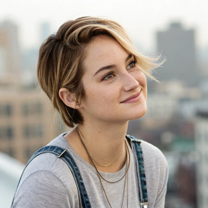 Shailene Woodley, a friendly actress, wearing casual attire. Blonde and brown short hair, gentle smile. Against blurred cityscape backdrop