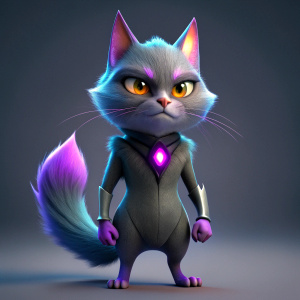 pixar cartoon design illustration cyberpunk anthropomorphic squinted evil eyes cat dressed. with violet crystals in hand. full length. standing on his feet. white background 