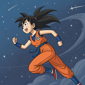 Digital illustration of Chizu, a youthful female character from Dragon Ball Z, captured in a vibrant pose. Dark hair flows with her movement. Wearing an orange outfit with blue highlights. Set against a starry night sky. Emphasizing her dynamic motion and cosmic background.
