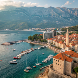 Montenegro's coastal gem, Budva. Bustling with modern and traditional buildings, boats and yachts fill the harbor. The Adriatic Sea's deep blue waters contrast with steep mountainous terrain.