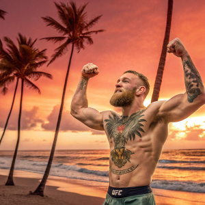 Conor McGregor flexing his muscles in a celebratory pose. The background is a tropical beach sunset, with palm trees and ocean waves. High-resolution image.
