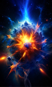 black space with explosion of colours orange and blue and tinny stars 