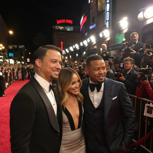 Channing Tatum, Zulay Henao, and Terrence Howard at the premiere event. Crowded red carpet with flashing cameras.