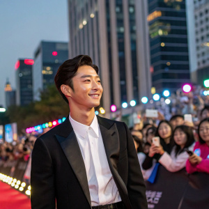 South Korean actor Park Seo-joon at a gala event. Wearing a sleek black suit and white shirt. Surrounded by fans in a vibrant city square.