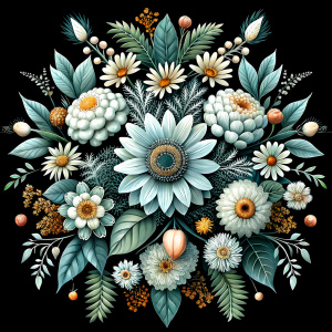 A black and white image of a floral design on a black background.