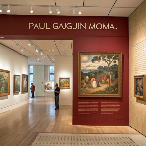 Exhibition showcasing Paul Gauguin's artwork at MOMA. Rich colors like brown, beige, and red dominate. Top section features large text, bottom has smaller images and details. Clean, elegant layout.