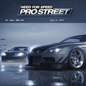Game cover for 'Need for Speed: ProStreet'. Dark and moody atmosphere. High-performance car in focus. Platforms: PC, Xbox 360, PS3. Release: Nov 13, 2007. Grayscale