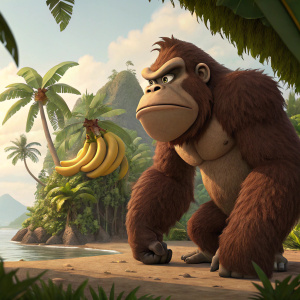 Angry face of Donkey Kong, detailed 3D animation. Tropical island background with bananas and vines