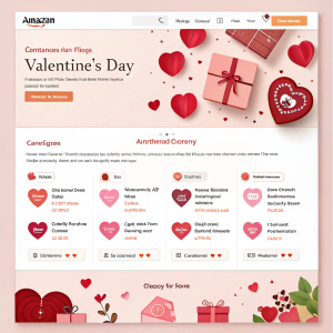 A detailed screenshot showcasing Amazon's homepage during Valentine's Day. The webpage highlights numerous gift categories and a romantic color palette.
