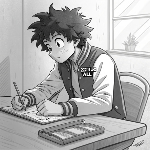 Sketch of Izuku Midoriya, protagonist from My Hero Academia, drawing in sketchbook. Black and white pencil sketch style.