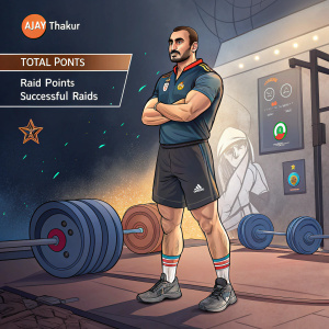 Ajay Thakur, kabaddi star, poses confidently in a gym setting. Beside him, a digital screen displaying his impressive stats: total points, raid points, and successful raids.