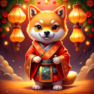 A cute Shiba Inu wearing traditional Chinese-style clothes, holding a "Happy New Year" couplet


