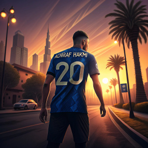 Achraf Hakimi, a soccer player, posing in an urban street at sunset. He wears a blue jersey with a number 20. Distant skyscrapers and streetlights casting long shadows.