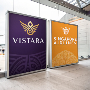 Dual airline logo display featuring Vistara and Singapore Airlines. Purple and gold Vistara logo on the left, orange Singapore Airlines logo on the right.