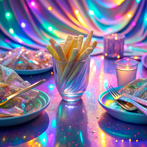 
close   too much glitter very sparkly crystal effect fantasized glam Sprinkle Tableware French fries on the table   Shimmering light pastel Bioluminescent fairytale masterpiece Magical Holographic  Glossy Bioluminescent iridescence  Shimmering Holographic   Foil Glossy Patent Spandex Vinyl
