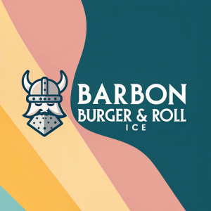Modern logo design for Barbon Burger & Roll Ice. Features a sleek Viking emblem. Text in Spanish. Vibrant background mix of pastel and bold colors.
