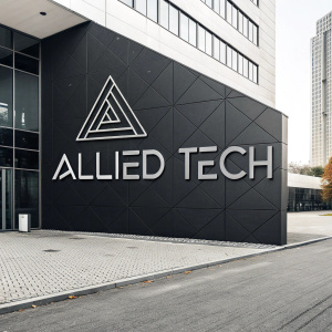Modern logo design for a tech startup. The name 'Allied Tech' in sleek, geometric black and white font.