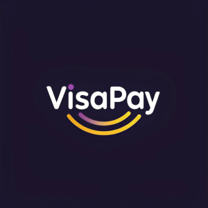 Logo design for a new financial tech company, VisaPay. The symbol features a smile-like motif in purple and yellow hues, symbolizing trust and joy in transactions.