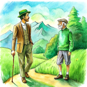 old man walking into green land and the old man talking to another person