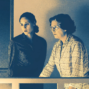 Actresses Leelee Sobieski and Samantha Lang in a dramatic scene. Leelee in a dark outfit with youthful appearance, Samantha in a patterned blouse with mature look. Both have serious expressions. Studio setting.